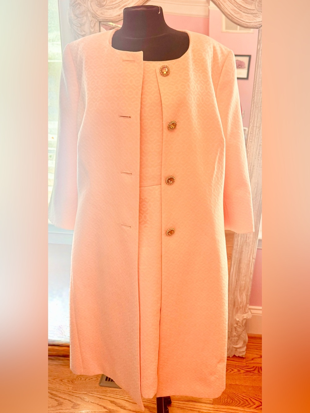 Classic Women's Peach Coat Dress 2 Piece with Gold Buttons